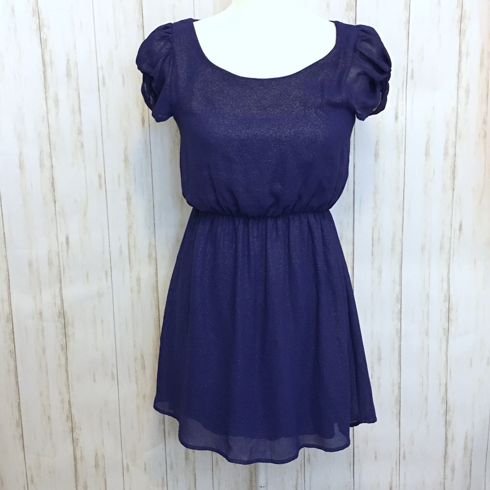 ANTHRO EVERLY Navy Blue Asymmetric Shimmer Dress - Picture 2 of 8